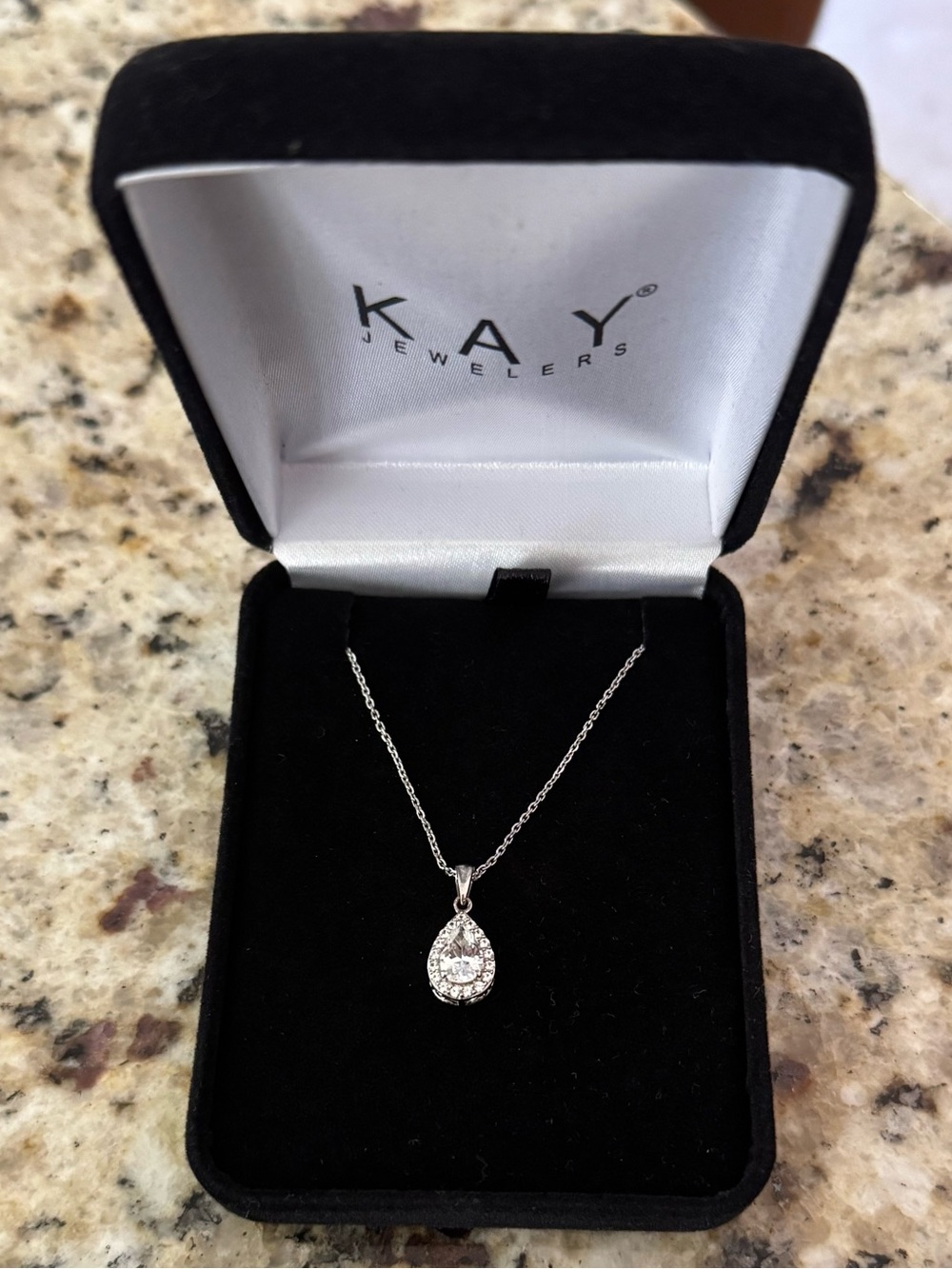 Kay Jewelers 925 Silver White Gold Teardrop Halo Pendant Necklace in OG Box